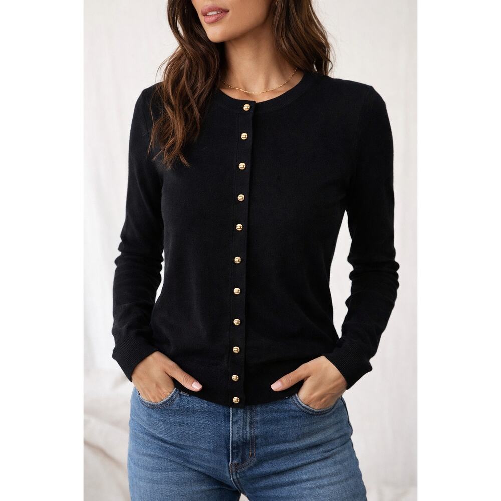 Zara Button Knit Black Woman's Round Neck Sweater with Gold Buttons